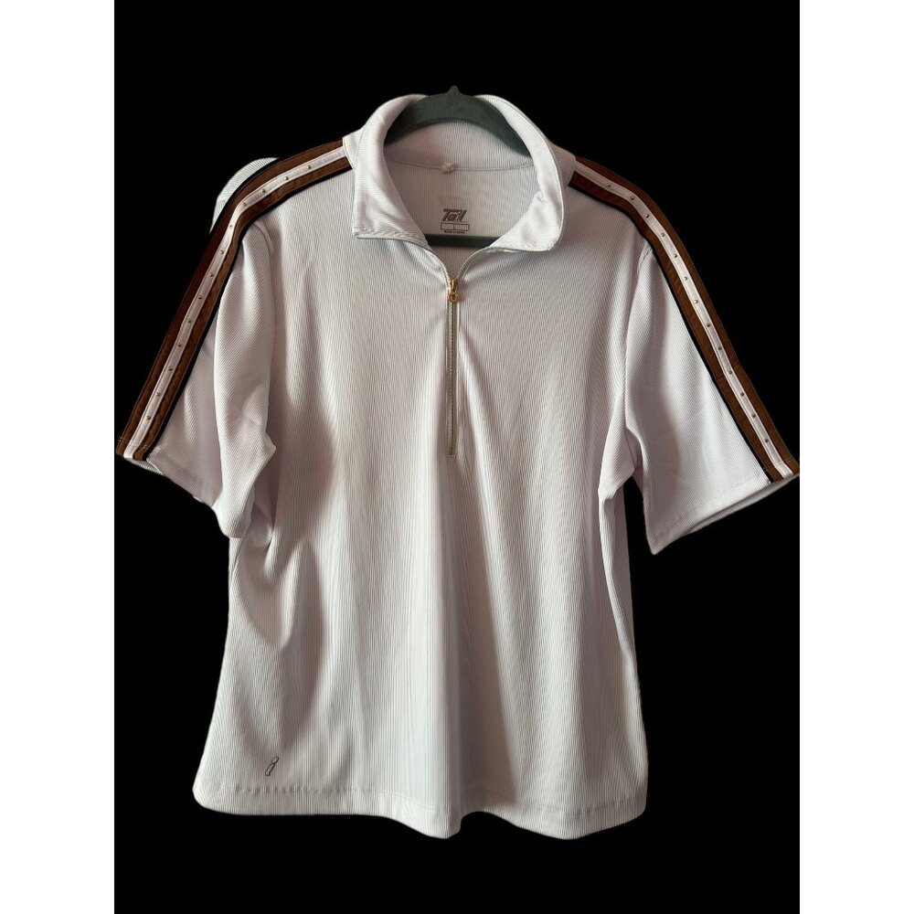 Tail Short Sleeve Collar White Black Brown Trim 1/4 Gold Zipper